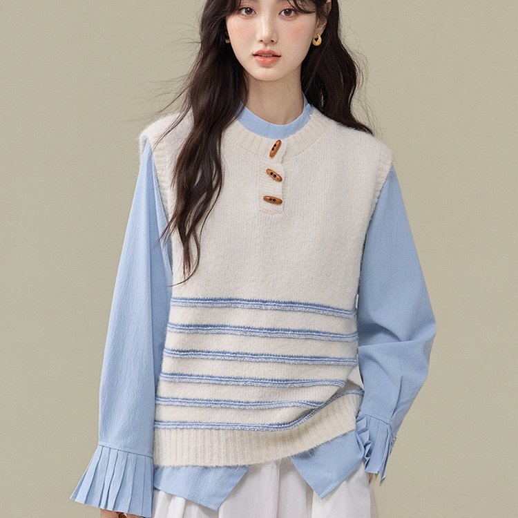 法式复古慵懒风圆领针织衫撞色条纹半开领米灰色毛衣马甲女冬