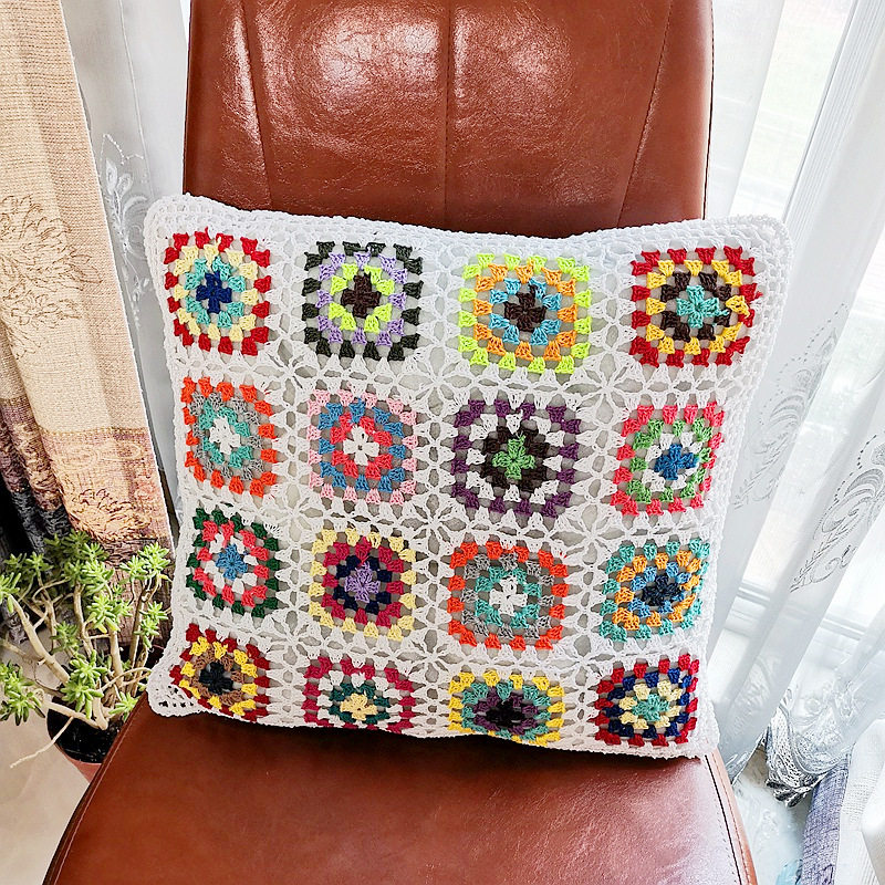 祖母方格手工钩针花纯棉卧室高档欧式网红客厅沙发抱靠枕套不含芯