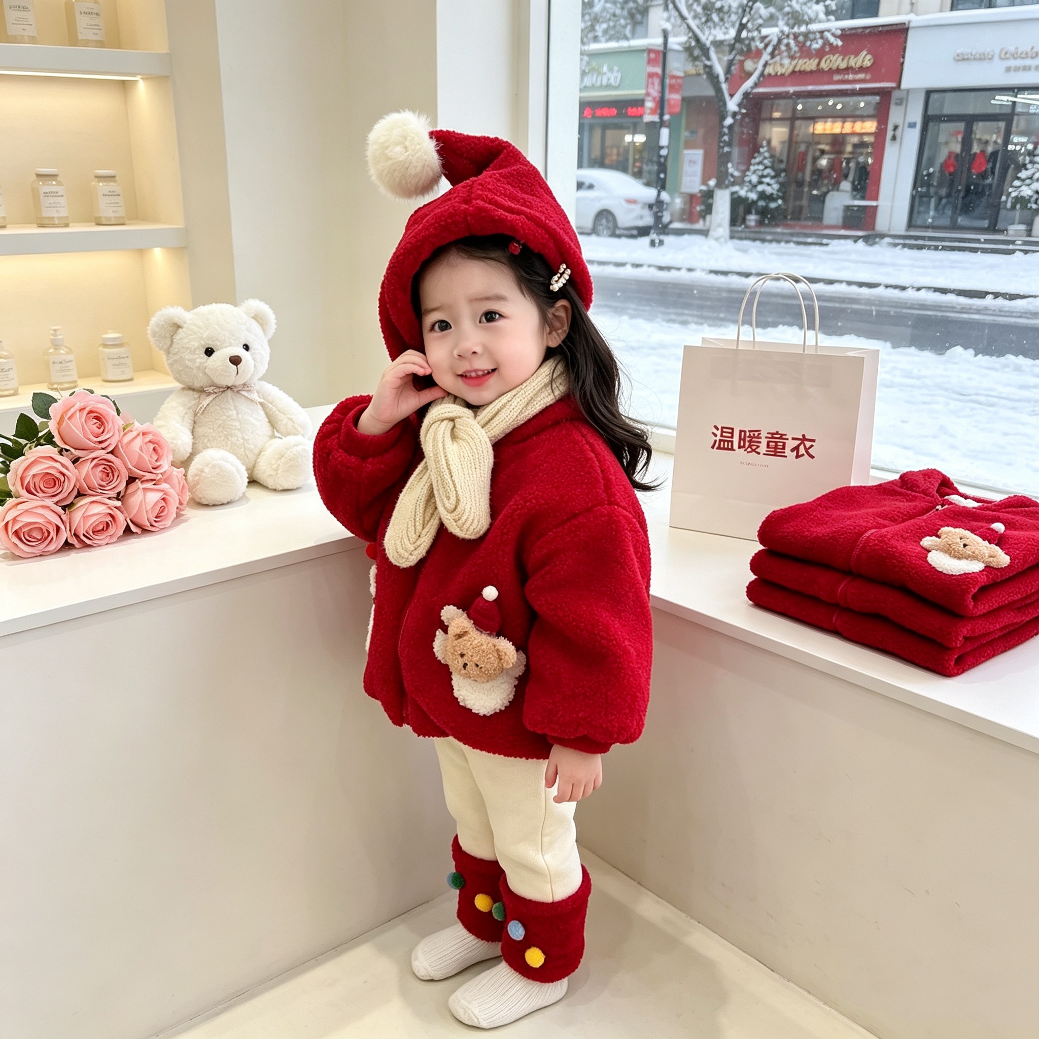 女宝宝圣诞新年红色毛绒外套儿童冬季加绒加厚小熊连帽喜庆衣服