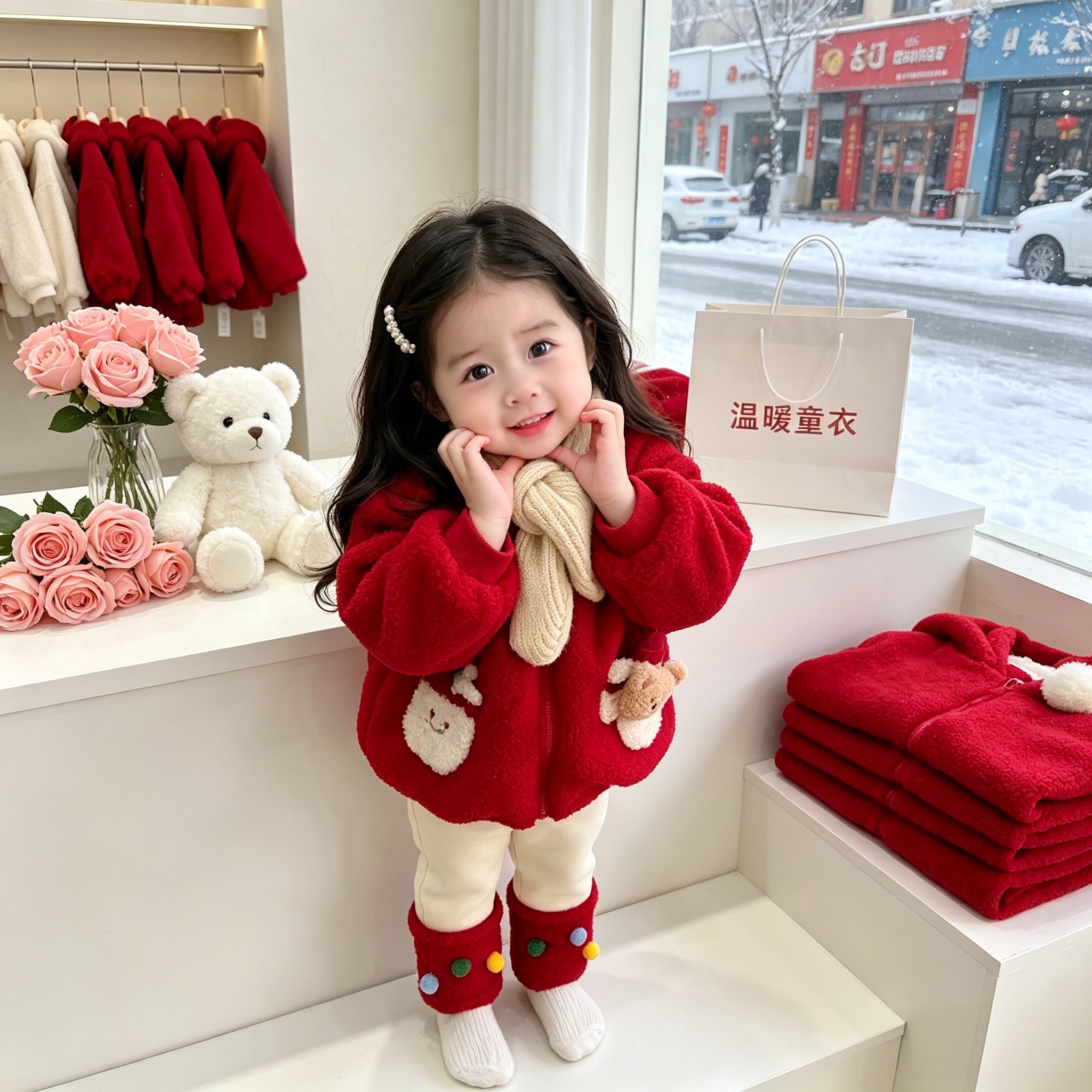 女童圣诞红色外套冬季加厚小宝宝新年加绒连帽帽子大衣儿童过年服