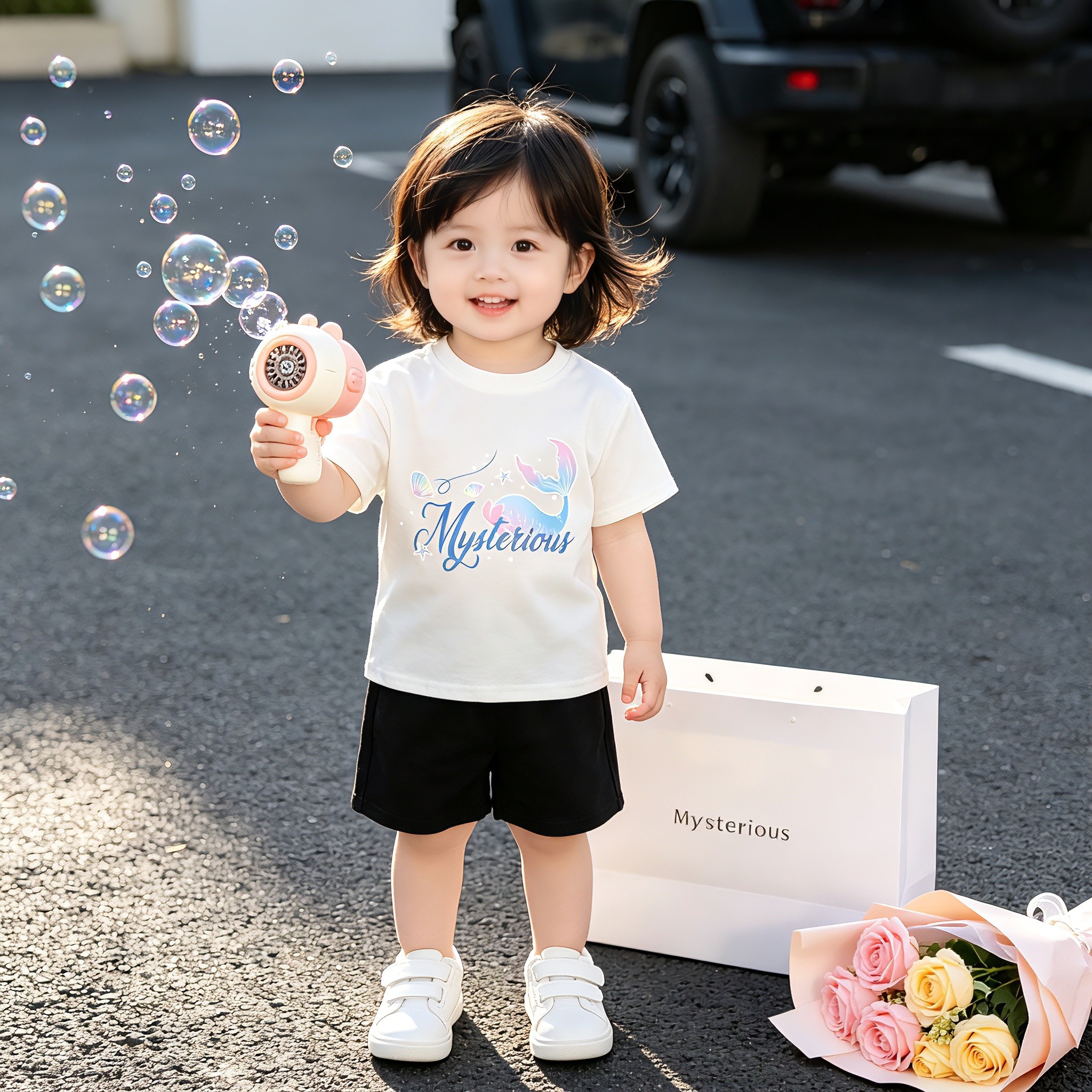 女童夏装纯棉短袖T恤宝宝小鱼印花圆领上衣套装中小童百搭休闲T恤