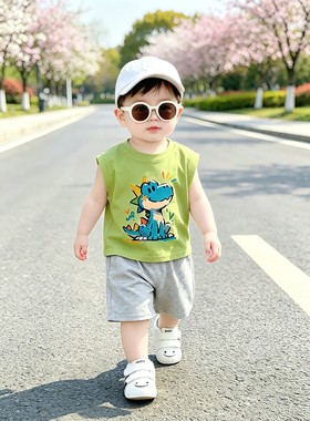 男童背心套装夏季纯棉恐龙印花宝宝无袖T恤小童坎肩儿童夏装上衣