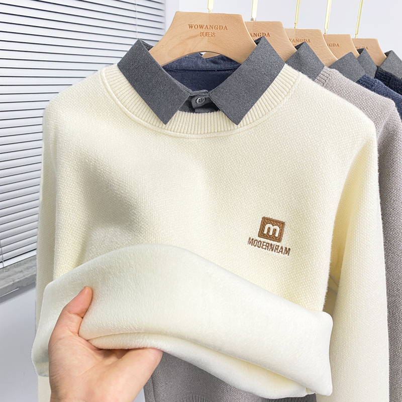 【一体绒】假两件毛衣男衬衫领加绒加厚雪尼尔针织打底衫上衣潮流