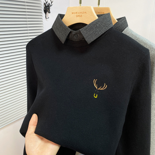 刺绣假两件毛衣男衬衫领加绒加厚新款潮流针织衫打底衫秋冬装上衣