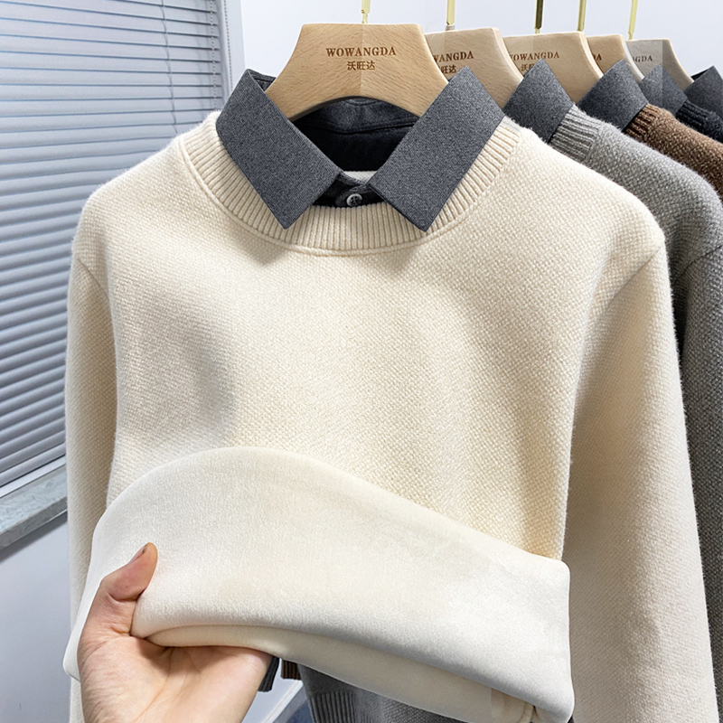 【一体绒】衬衫领假两件毛衣男