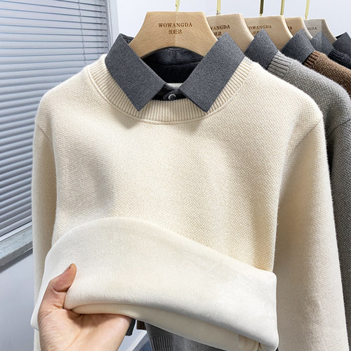 【一体绒】衬衫领假两件毛衣男