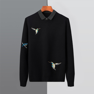 秋冬新款假两件毛衣男加绒加厚衬衫领针织衫男潮流刺绣小鸟打底衫