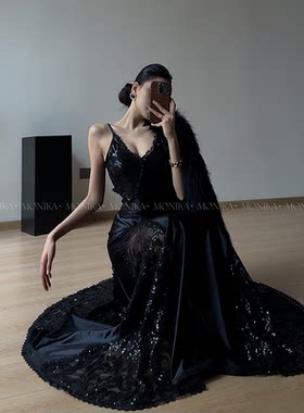 轻奢蕾丝连衣裙吊带V领珠片拼色长裙高级感晚宴时装25161