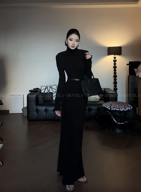 赫本风高领两件套长袖连衣裙女春秋设计感收腰显瘦气质裙子25148