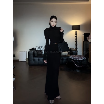 赫本风高领两件套长袖连衣裙女春秋设计感收腰显瘦气质裙子25148