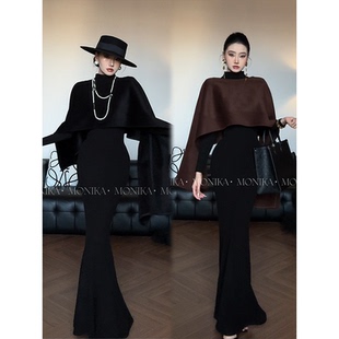 早秋新款气质御姐收腰显瘦半高领套头长袖披肩中长款连衣裙25112