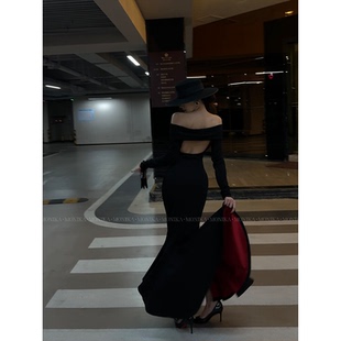 【红底步步生莲】秋冬一字肩步步生莲鱼尾新款气质性感长裙25162