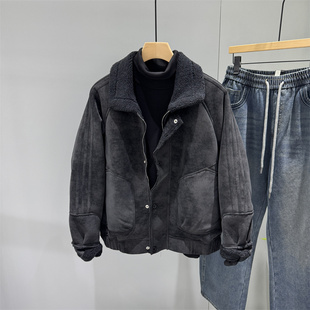 休闲保暖加绒加厚翻领皮衣夹克潮 冬季 美式 皮毛一体羊羔毛外套男士