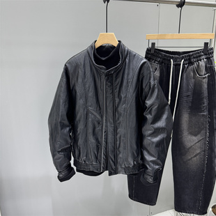 冬季男士轻量化90白鸭绒海宁皮羽绒服男加厚短款机车皮夹克外套潮