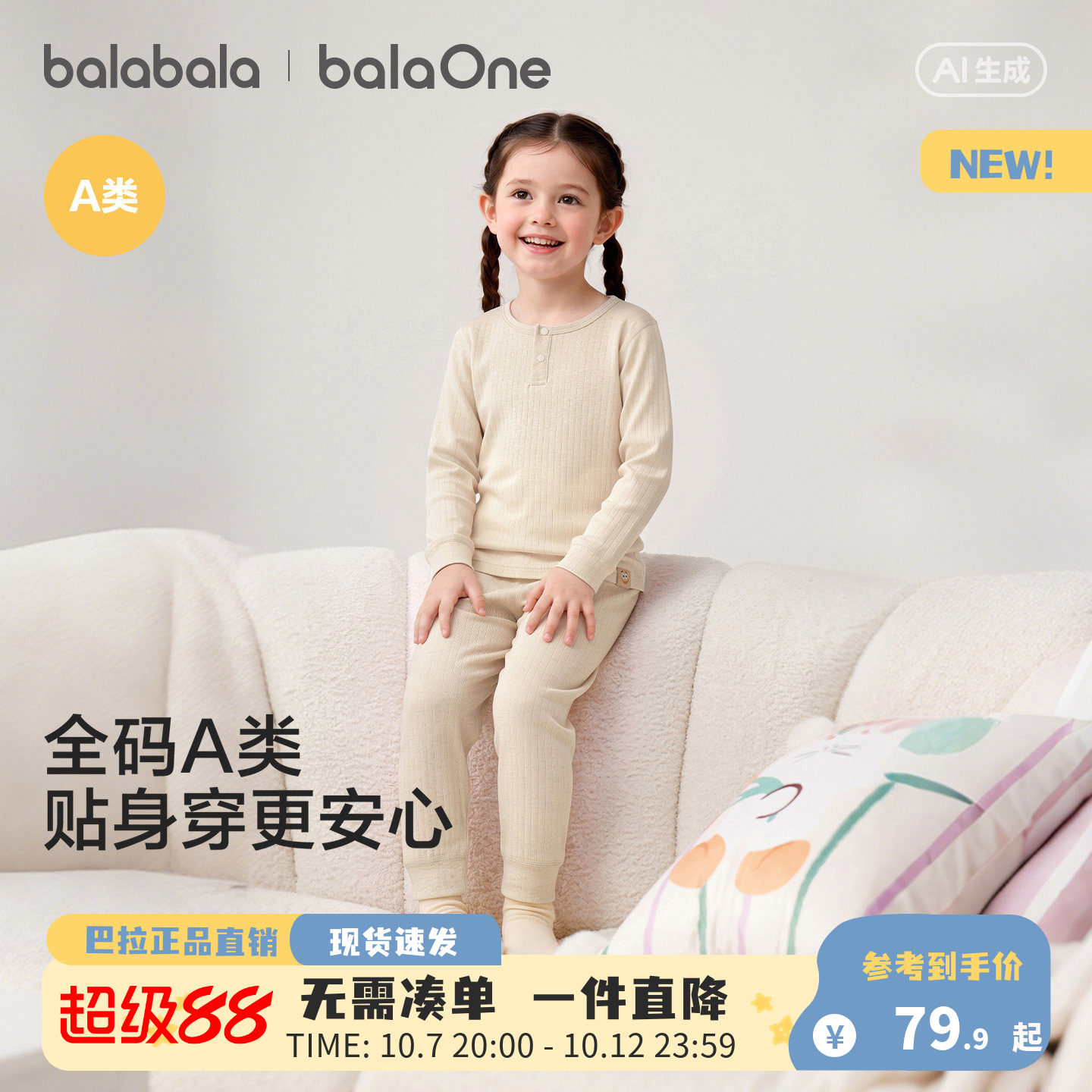 【balaOne】巴拉巴拉儿童保暖内衣套装童装男女童秋衣秋裤两件套