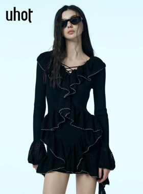 uhot/诱货黑色毛织连荷叶领连衣裙女精致不对称飘带设计UWWW3L256