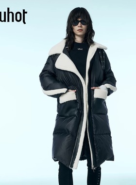 uhot/诱货黑白撞色毛领H型廓形鹅绒服女超长过膝羽绒服 UWWW2W432