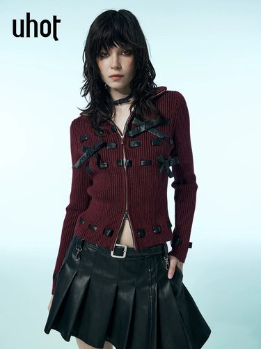 uhot/诱货酒红色拉链针织开衫皮质蝴蝶结装饰修身25新款UWWW5Z293