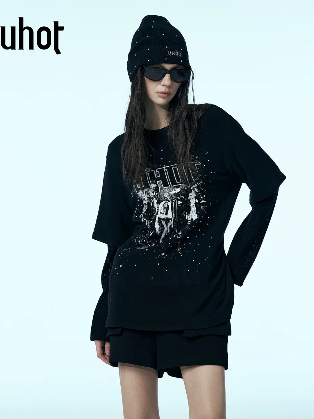 uhot/诱货黑色假两件宽松印花长袖T恤摇滚街头风25新款 UWWW2T376