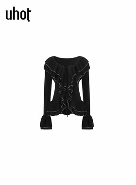uhot/诱货黑色荷叶撞色边针织开衫系带设计上衣精致优雅UWWW3N164