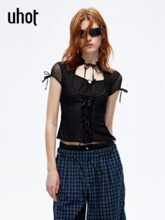 素T恤女 上衣优雅蕾丝元 UWLR1N153 诱货26夏黑色波点蕾丝修身 uhot