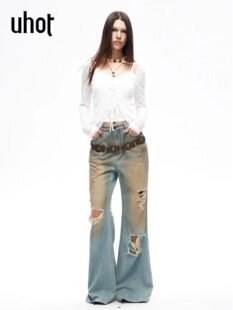 挂脖两件套UWLS3N046 针织衫 uhot 诱货26春白色蕾丝荷叶边透视薄款