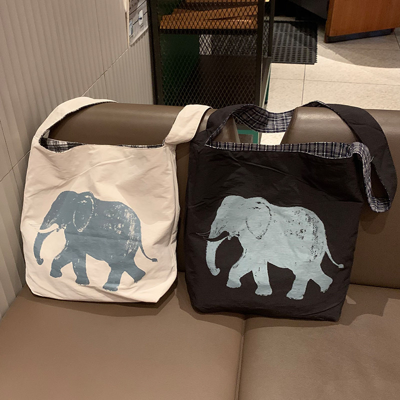 OK原创秋冬侘寂风大象印花AB双面可用格子大容量单肩斜挎包帆布包,箱包皮具/热销女包/男包,时尚帆布包,淘宝优惠券,粉丝福利购,淘宝优惠卷