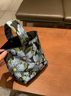 少女春夏复古花朵包包女2021新款蓝色提花小众手拎包百搭方形布包