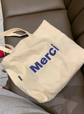 原创merci同款ins超火手拎单肩包环保购物袋文艺范女大容量帆布包