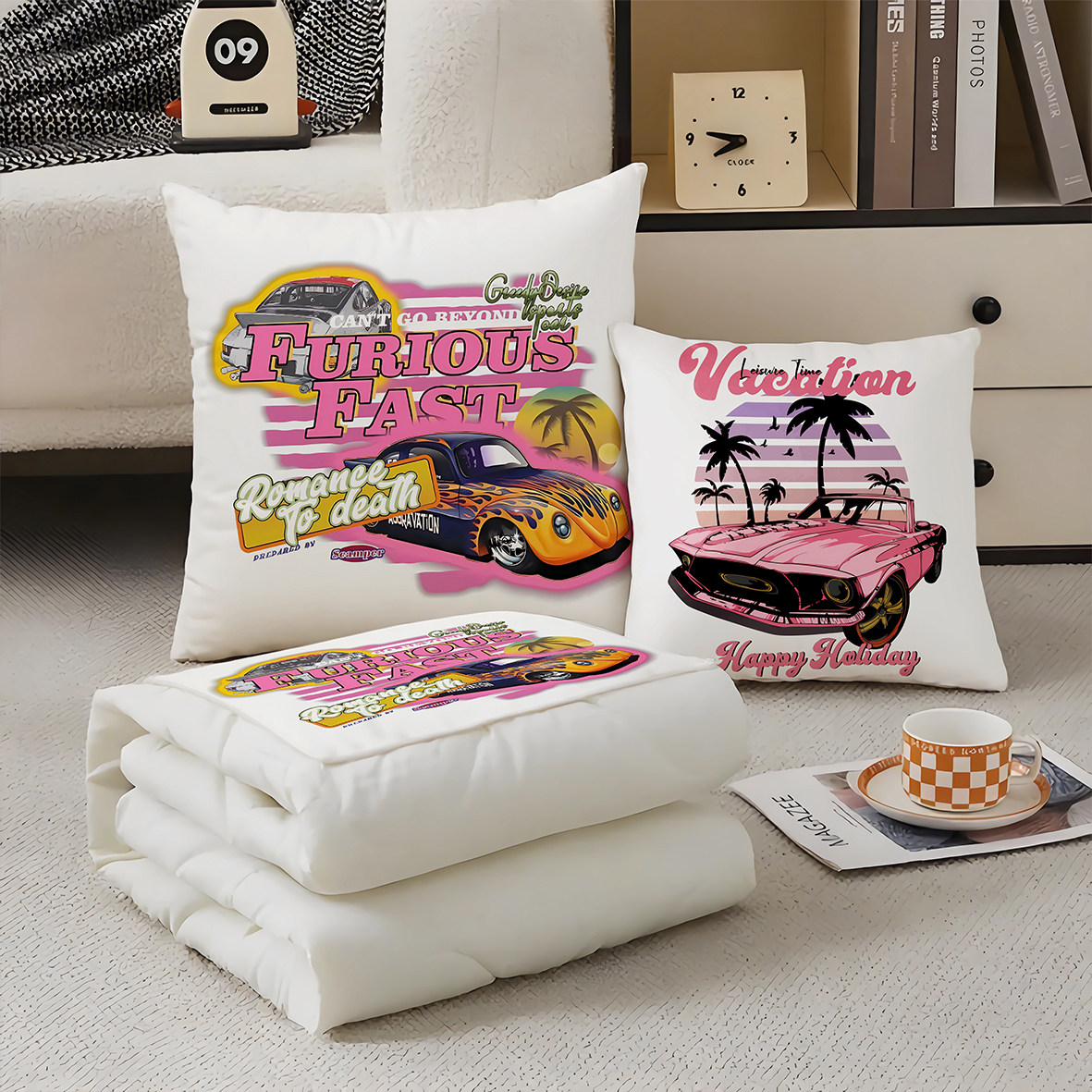 跨境跑车系列印花抱枕两用多功能空调被办公抱枕被子二合一被子