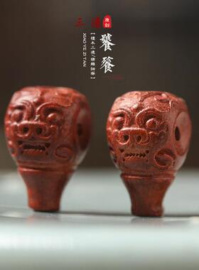 小叶紫檀DIY雕一体三通手串配饰原创红木饕鬄三通男女手链配件