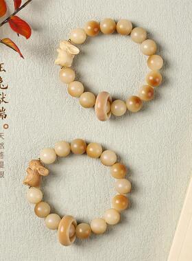 原创白玉菩提根DIY炭烧菩提子念珠搭 檀木玉兔可爱跑环单圈手串