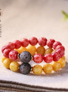 原创菩提根采取植物染色菩提根念珠六字真言手串文玩念珠单圈手链