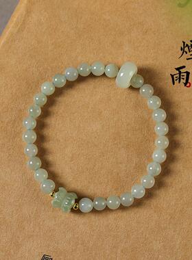 原创手作晴水和田玉并蒂莲花单圈手腕气质手链老料黄油贡木双圈链