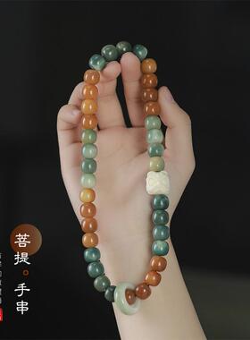 干磨菩提根渐变绿炭烧色菩提盘玩手串绕指柔白菩提双圈醒狮手串