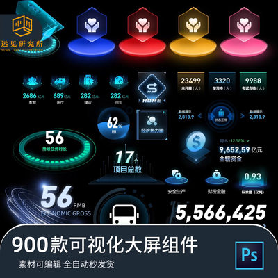 大数据可视化大屏组件库科技UI设计图标弹窗边框素材psd源文件模