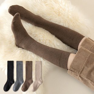 厚袜子女加绒加厚小腿袜秋冬季 纯棉中筒毛圈保暖冬天高筒黑色长袜