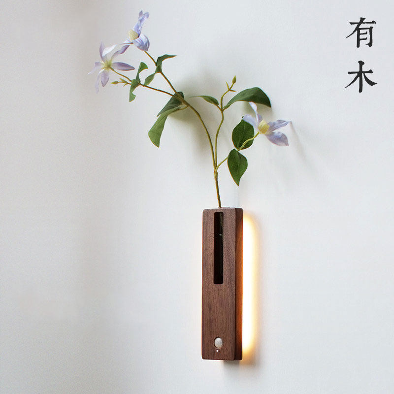 实木花器壁灯免接线人体感应灯充电日式装饰免布线壁挂花瓶磁吸,家装灯饰光源,感应灯,淘宝优惠券,粉丝福利购,淘宝优惠卷