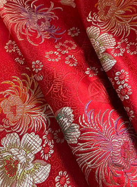 织锦缎真三五丝绸手工diy布面料家具坐垫红色寿菊花满服装面料