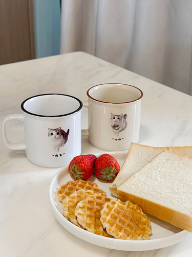 【情侣款】泡芙泡饭情侣可爱猫猫杯子陶瓷杯仿搪瓷定制杯