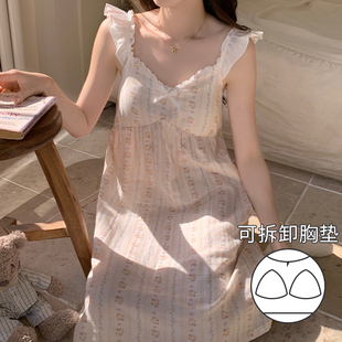 夏2025新款 宫廷风睡衣女款 纯棉纱布木耳边蕾丝边公主风睡裙带胸垫