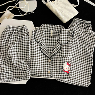格子卡通KT猫睡衣女款2026新款夏带胸垫云朵棉短袖三件套家居服女