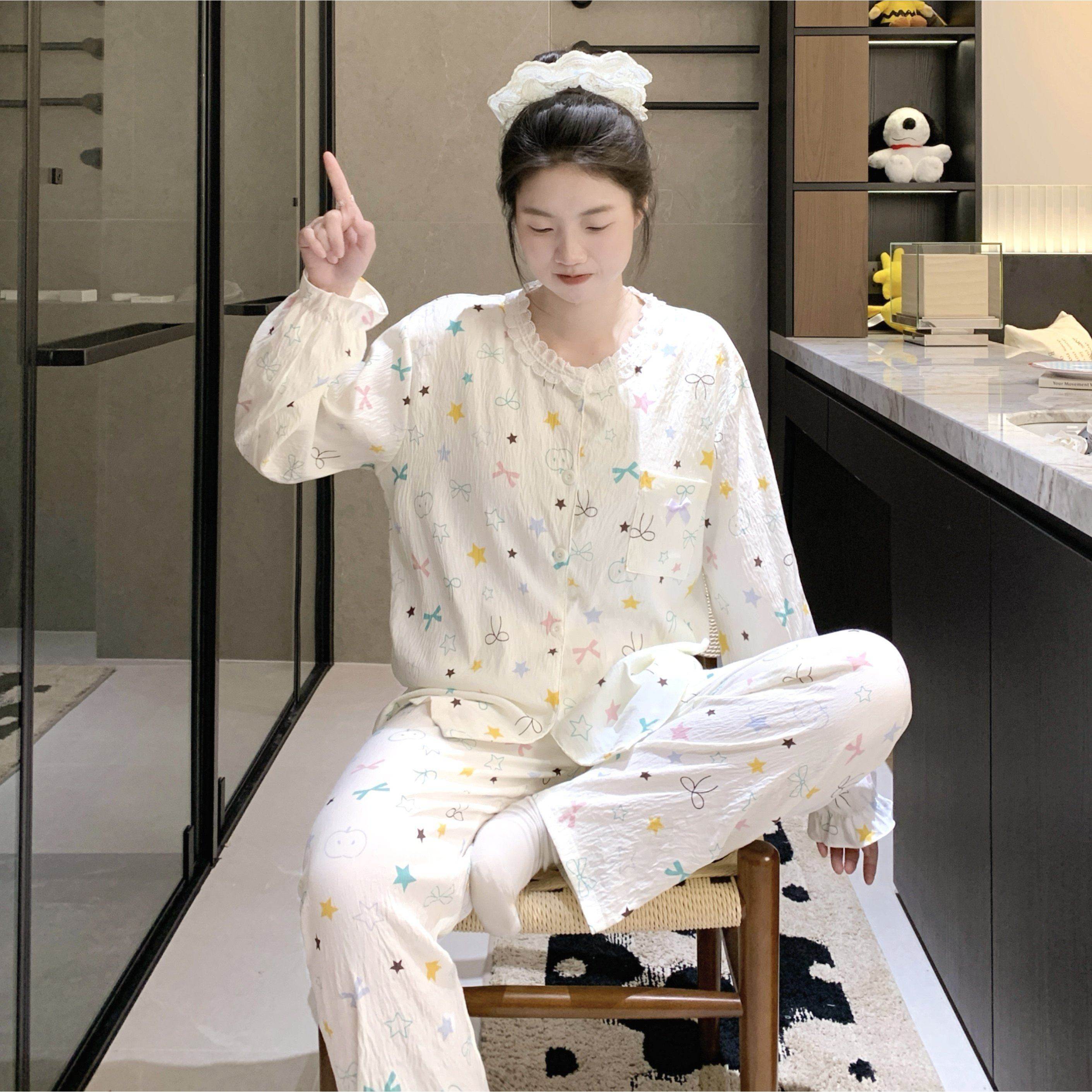 甜美风小翻领睡衣女春秋云朵棉长袖套装高级感可外穿家居服带胸垫,女士内衣/男士内衣/家居服,睡衣/家居服套装,淘宝优惠券,粉丝福利购,淘宝优惠卷