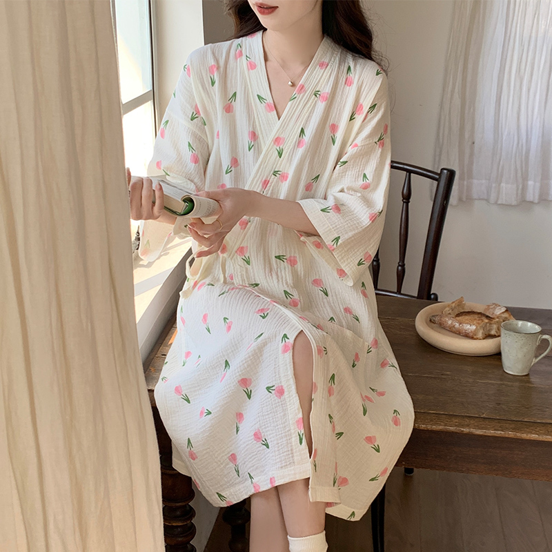 郁金香和服睡裙女款夏季纯棉浴袍薄款睡衣春秋新款大码长袖家居服