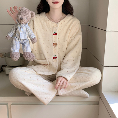 韩版半边绒睡衣女秋冬季加绒加厚