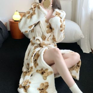 甜美风睡衣珊瑚绒连帽长款 冬季 浴袍法兰绒家居服 睡袍女款 2025新款