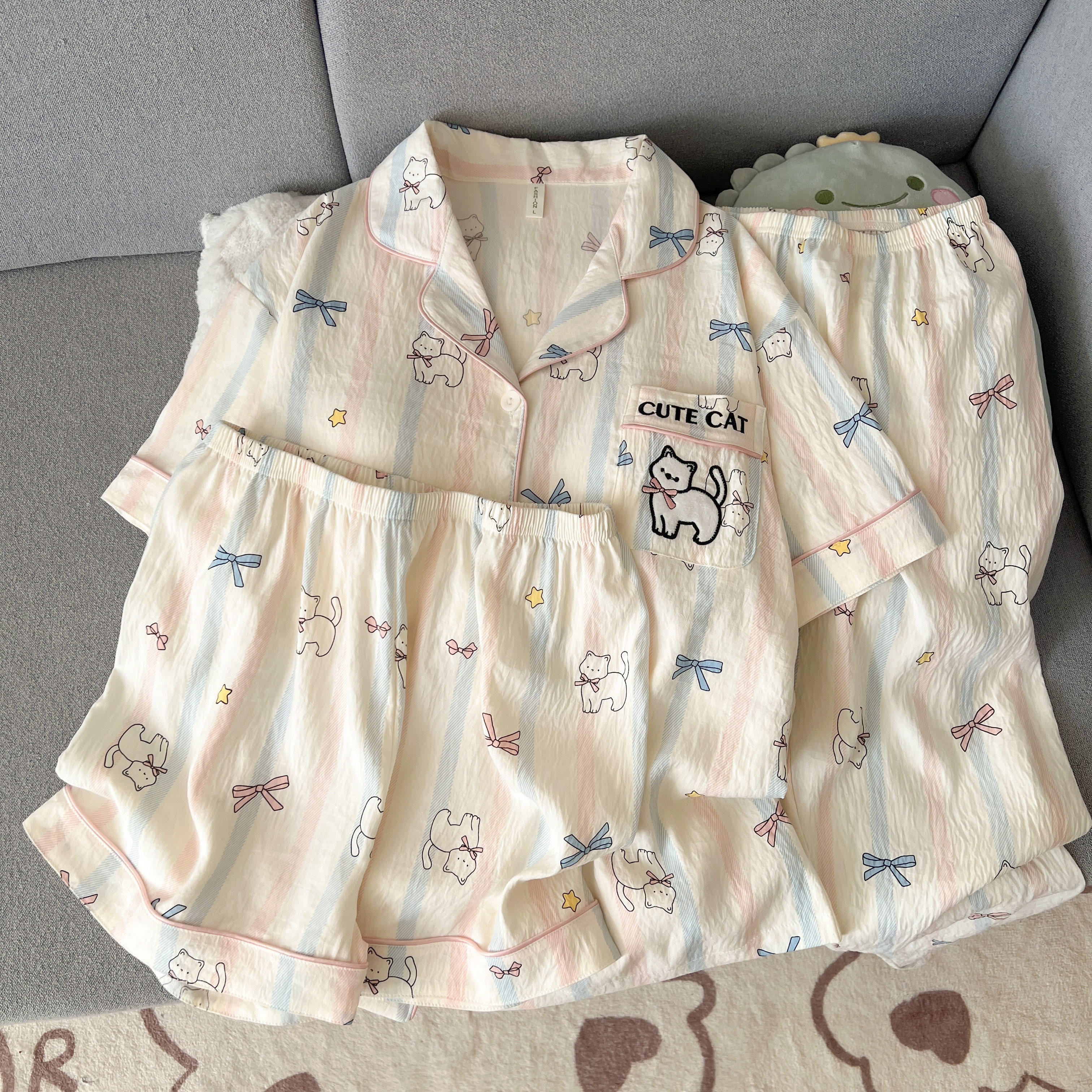 云朵棉睡衣女款夏季短袖短裤三件套装甜美蝴蝶结长裤家居服带胸垫图片
