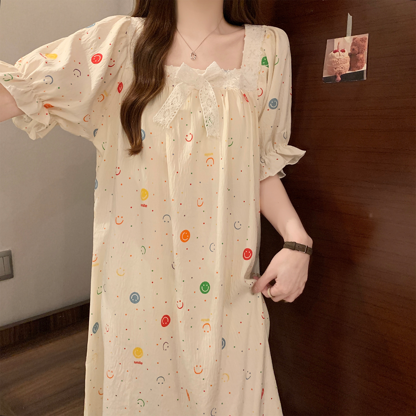 可爱笑脸睡裙女款夏季云朵棉带胸垫短袖睡衣2025新款家居服长裙子