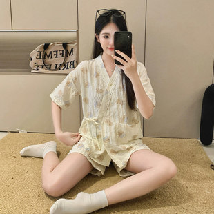 软fufu云朵棉和服睡衣女款夏季卡通印花短袖短裤可外穿家居服套装