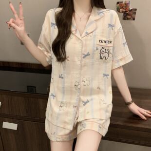 夏季睡衣女款2026新款带胸垫云朵棉短袖短裤三件套装家居服可外穿